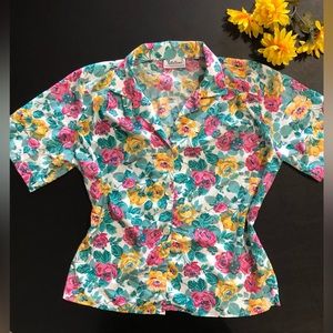 Vintage retro pink yellow teal floral roses button down shirt large golden girls